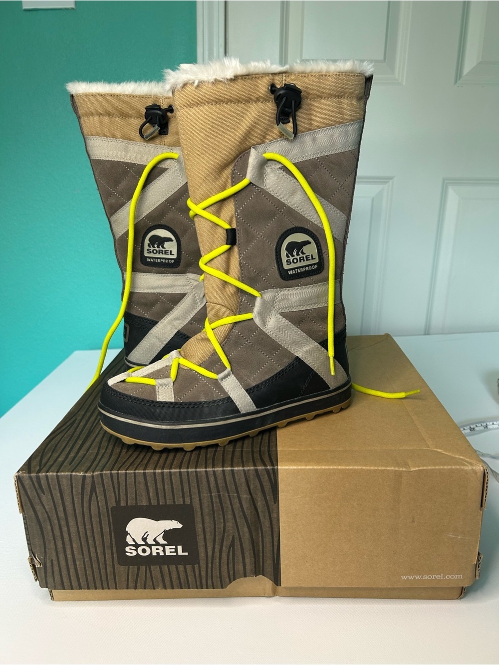Sorel Women's Tall Winter Boots in Tan, Brown and Neon Yellow